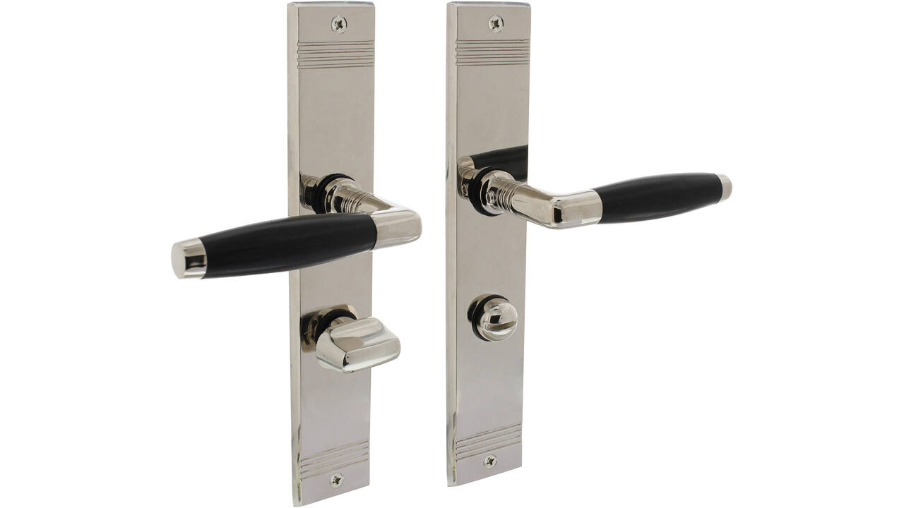 Deurkruk Ton basic met schild rechthoekig met rillen 235x43mm wc 63/8mm nikkel/ebbenhout