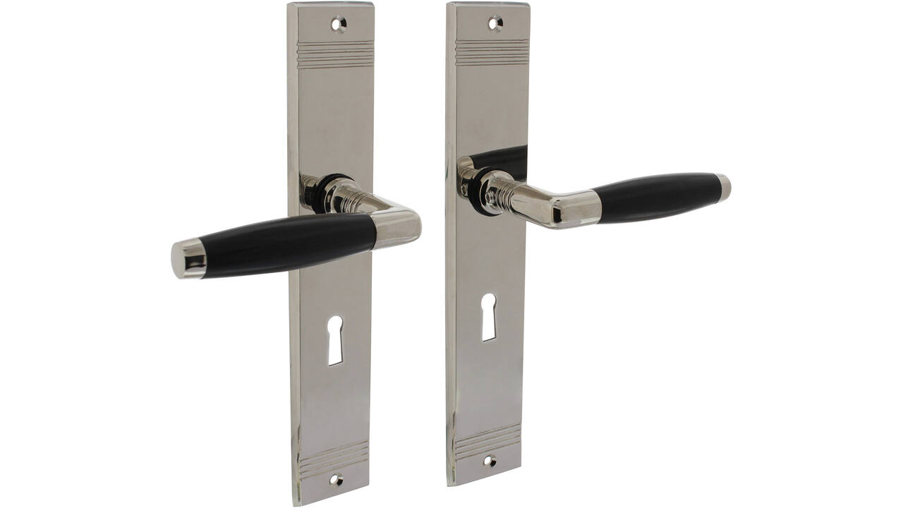Deurkruk Ton basic met schild rechthoekig met rillen 235x43mm sleutelgat 56mm nikkel/zwart
