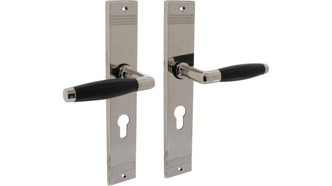 Deurkruk Ton basic met schild rechthoekig met rillen 235x43mm profielcilinder 55mm nikkel/zwart