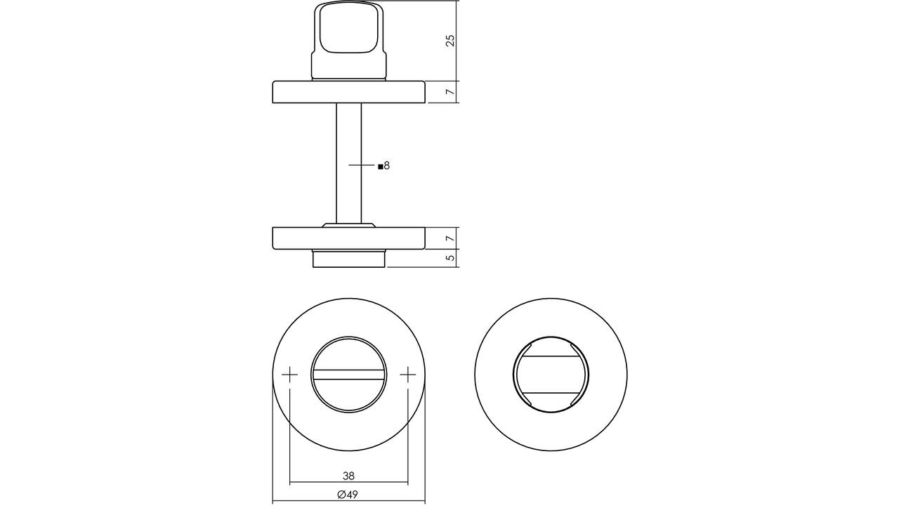 WC-sluiting verdekt ø49x7mm met stift 8x8mm nikkel