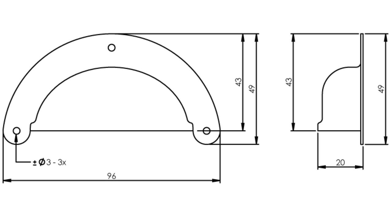 Komgreep geperst 96x43mm nikkel