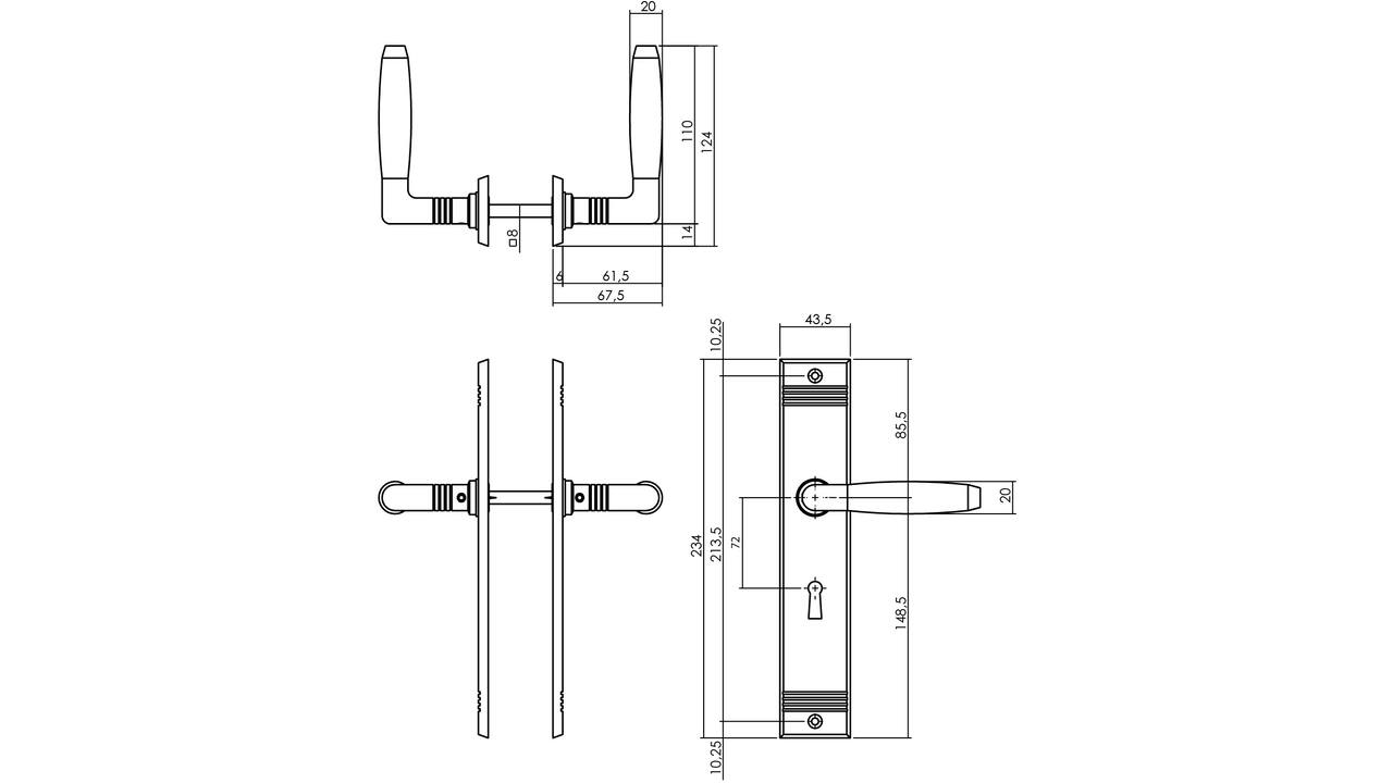 Deurkruk Ton basic met schild rechthoekig met rillen 235x43mm profielcilinder 72mm nikkel mat/zwart
