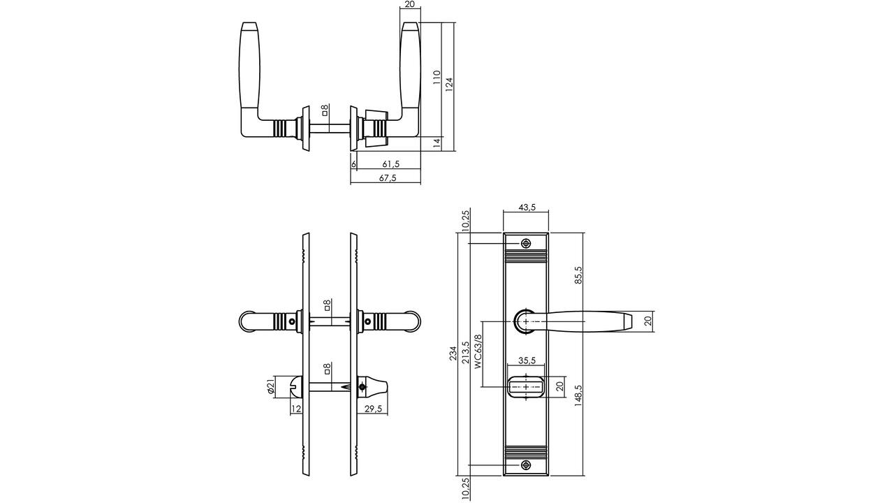 Deurkruk Ton basic met schild rechthoekig met rillen 235x43mm wc 63/8mm nikkel mat/zwart