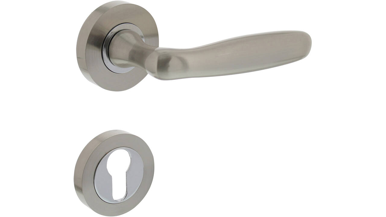 Deurkruk Bjorn op rozet verdekt ø52x10mm met nokken en cilinderrozetten nikkel mat