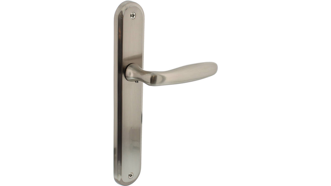 Deurkruk Bjorn op schild ovaal 242x43mm blind nikkel mat