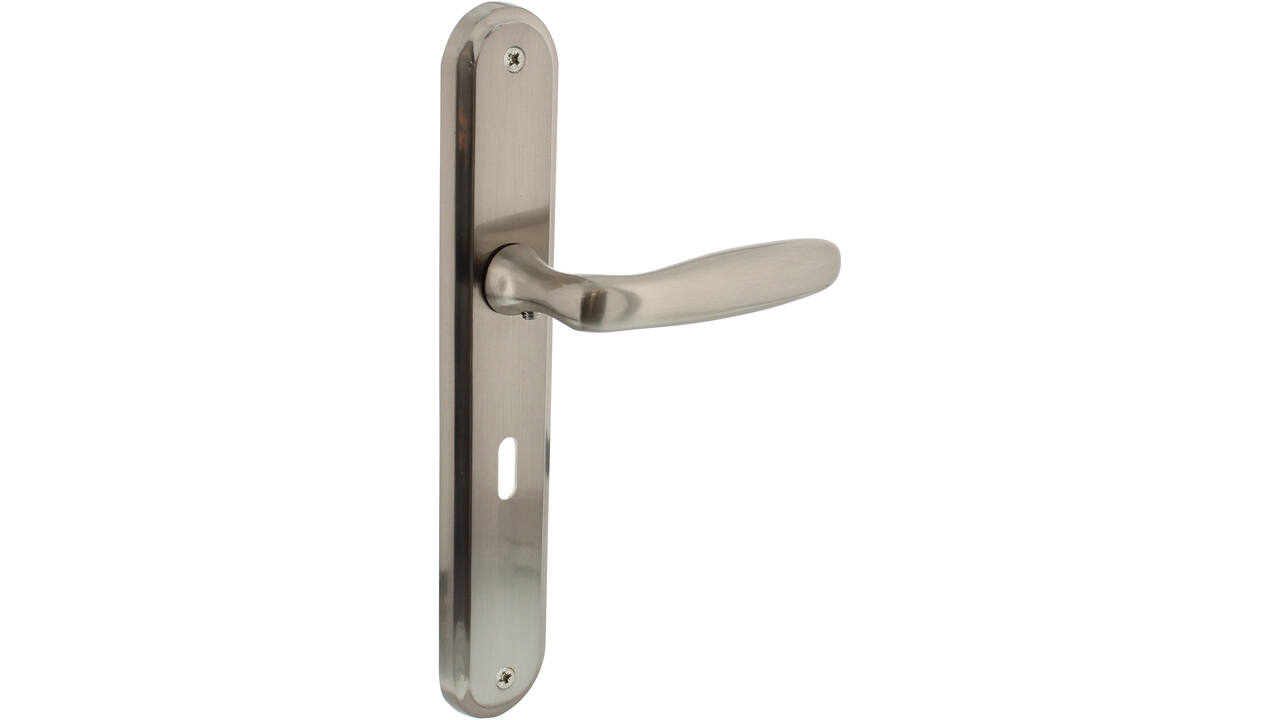 Deurkruk Bjorn op schild ovaal 242x43mm sleutelgat 56mm nikkel mat