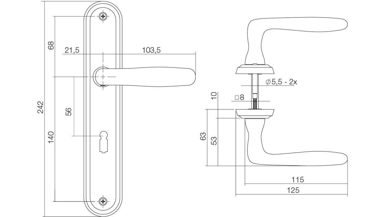 Deurkruk Bjorn op schild ovaal 242x43mm sleutelgat 56mm nikkel mat
