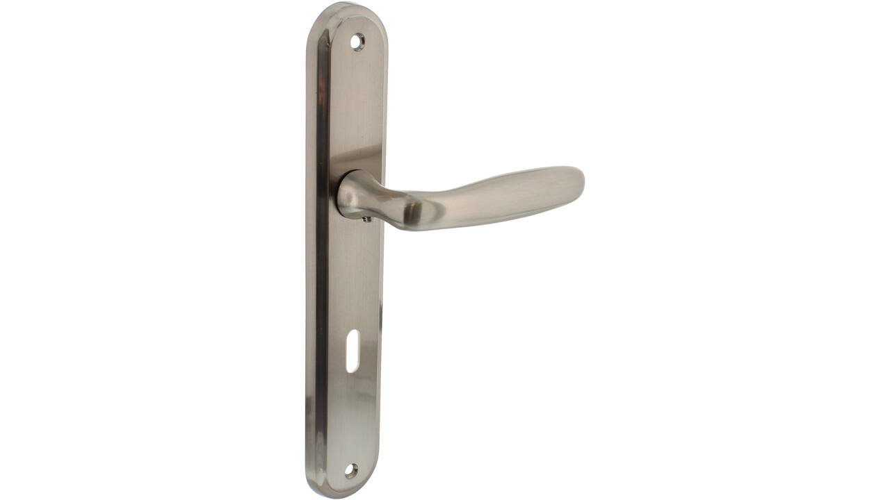 Deurkruk Bjorn op schild ovaal 242x43mm sleutelgat 72mm nikkel mat