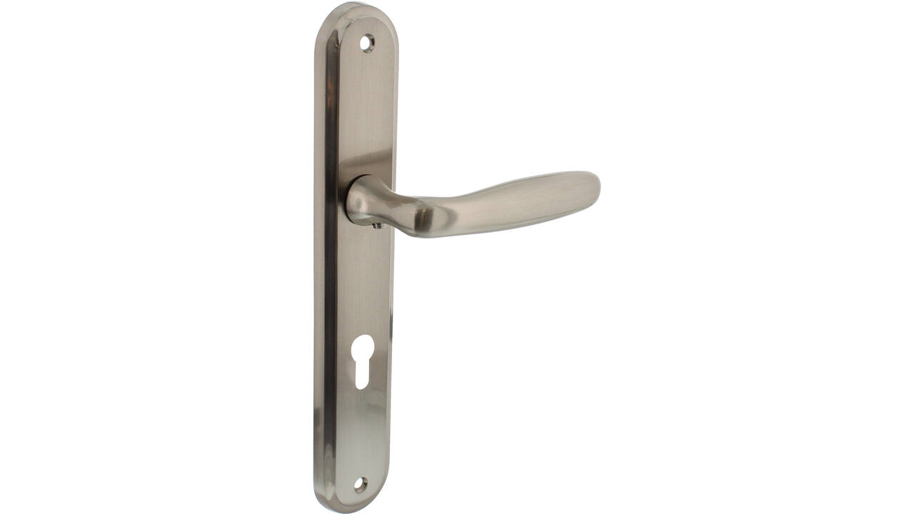 Deurkruk Bjorn op schild ovaal 242x43mm profielcilindergat 72mm nikkel mat