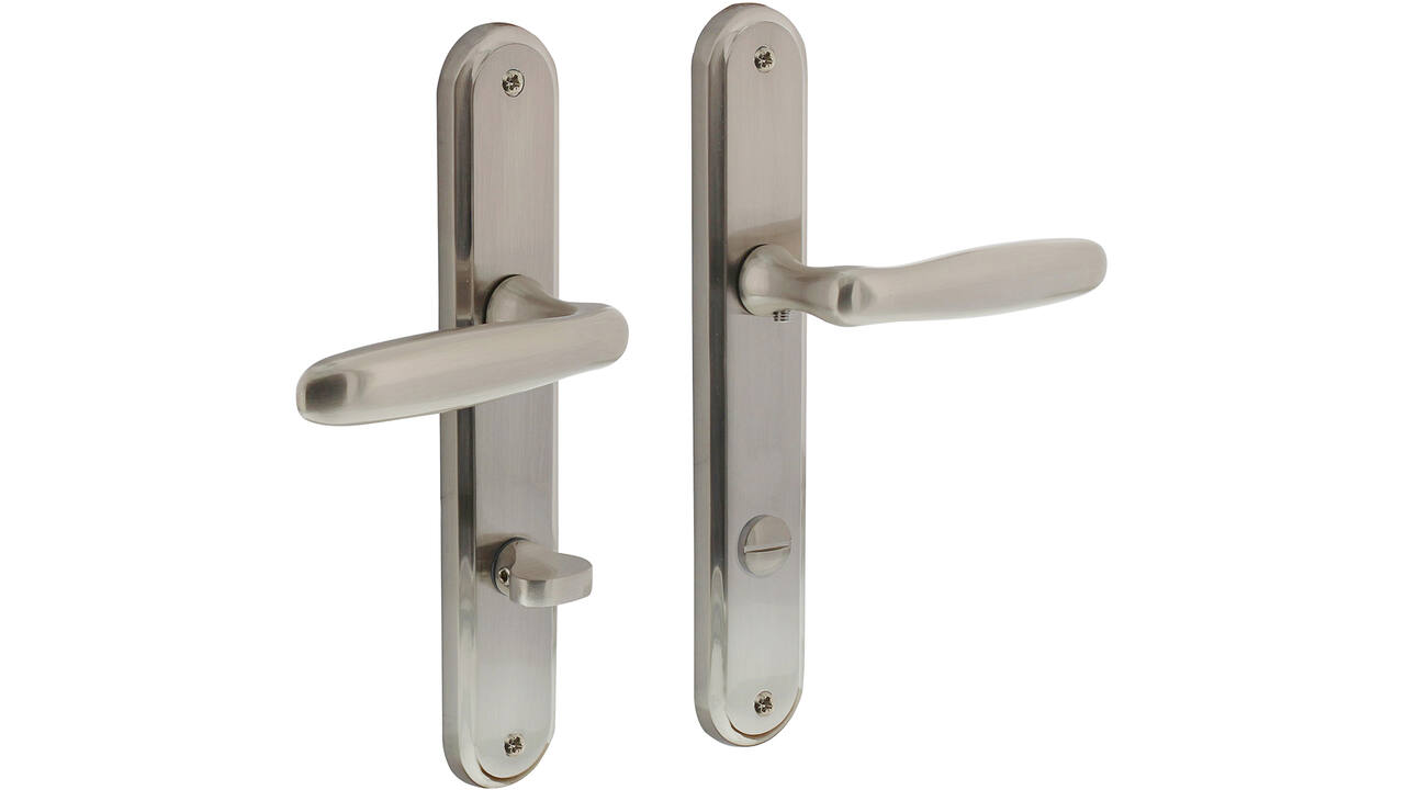 Deurkruk Bjorn op schild ovaal 242x43mm wc 78/8mm nikkel mat