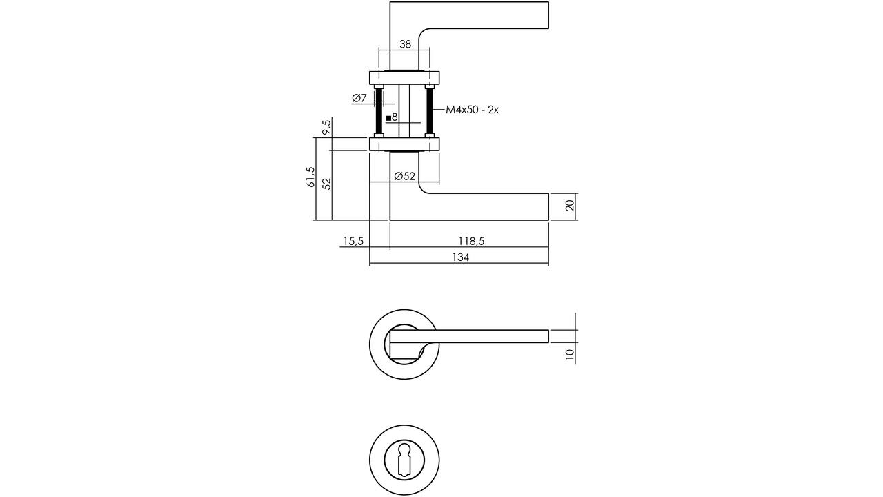 Deurkruk Ben op rozet verdekt ø52x10mm met nokken en sleutelrozetten chroom/nikkel mat