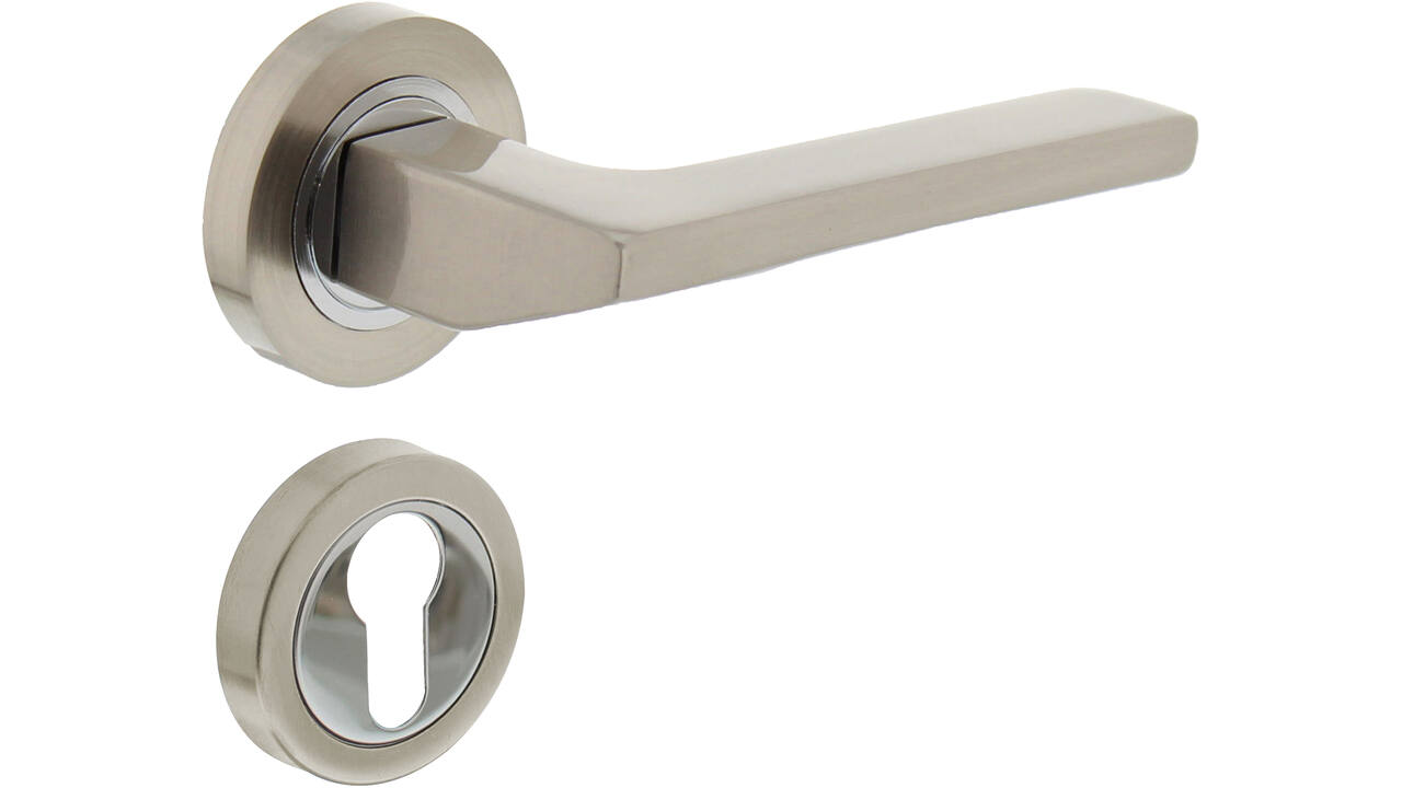 Deurkruk Ben op rozet verdekt ø52x10mm met nokken en cilinderrozetten chroom/nikkel mat