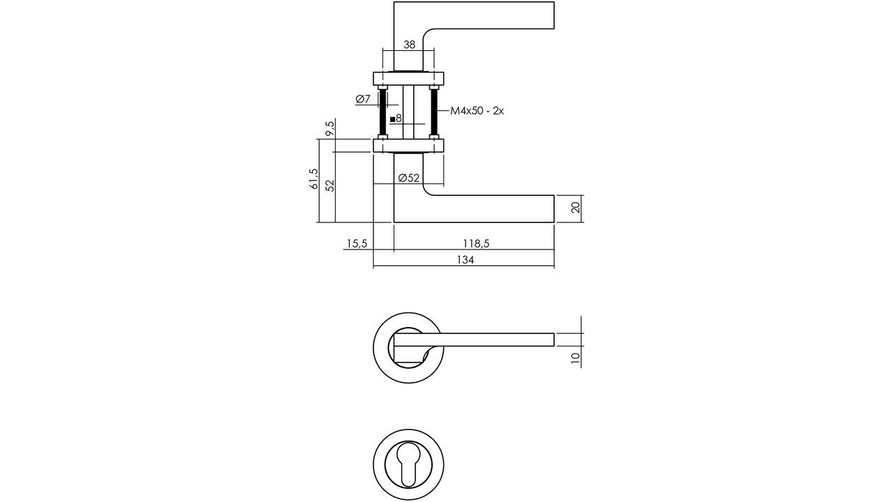 Deurkruk Ben op rozet verdekt ø52x10mm met nokken en cilinderrozetten chroom/nikkel mat