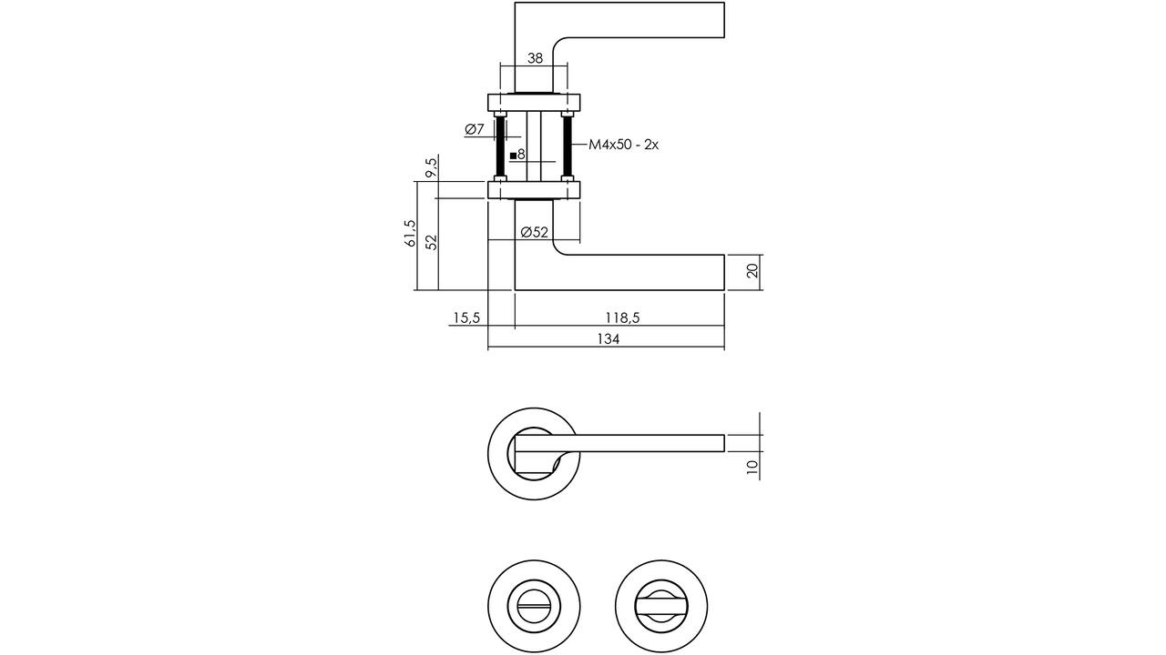 Deurkruk Ben op rozet verdekt ø52x10mm met nokken en WC-sluiting met stift 8x8mm chroom/nikkel mat