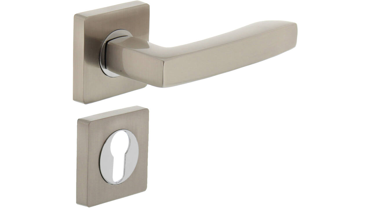 Deurkruk Dean op rozet verdekt 55x55x10mm met nokken en cilinderrozetten chroom/nikkel mat