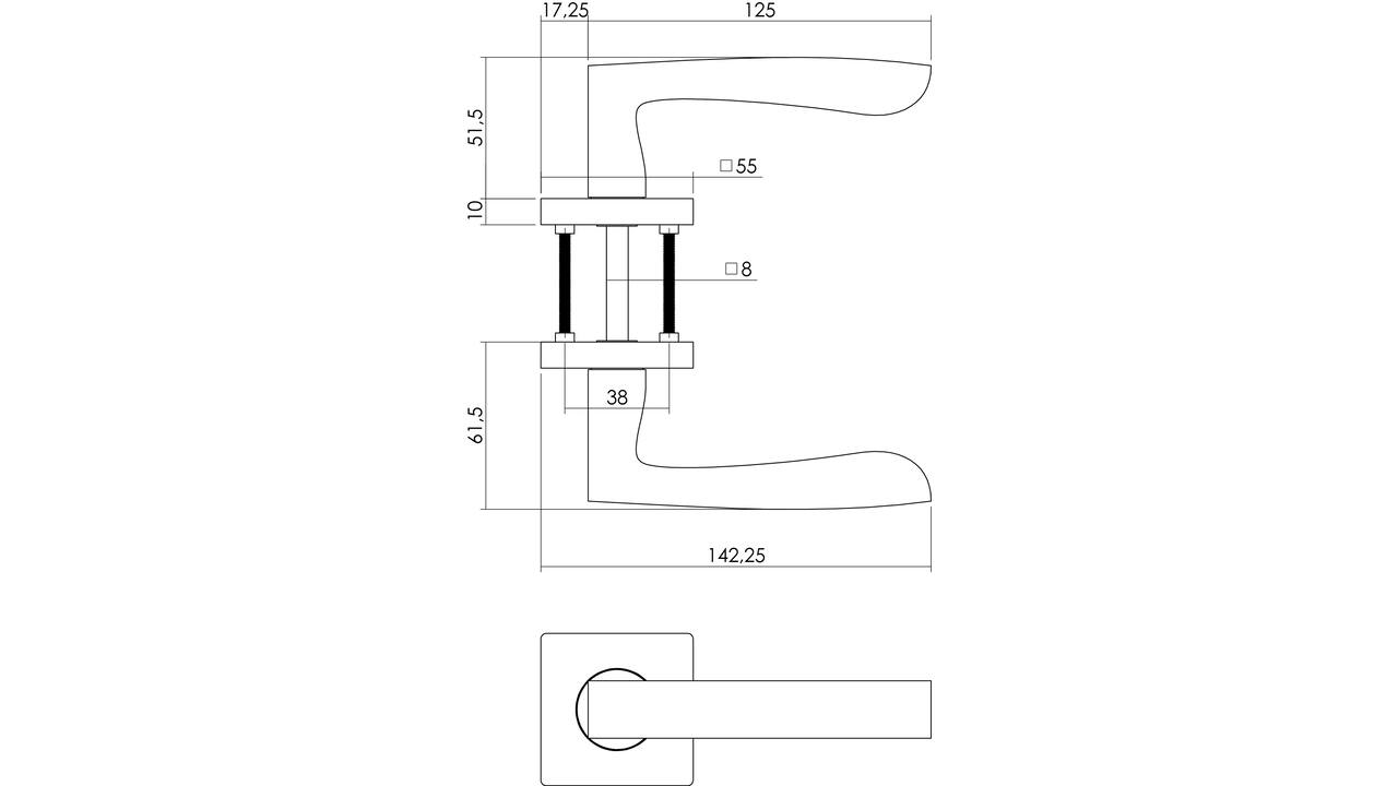 Deurkruk Dean op rozet verdekt 55x55x10mm met nokken en WC-sluiting met stift 8x8mm chroom/nikkel mat
