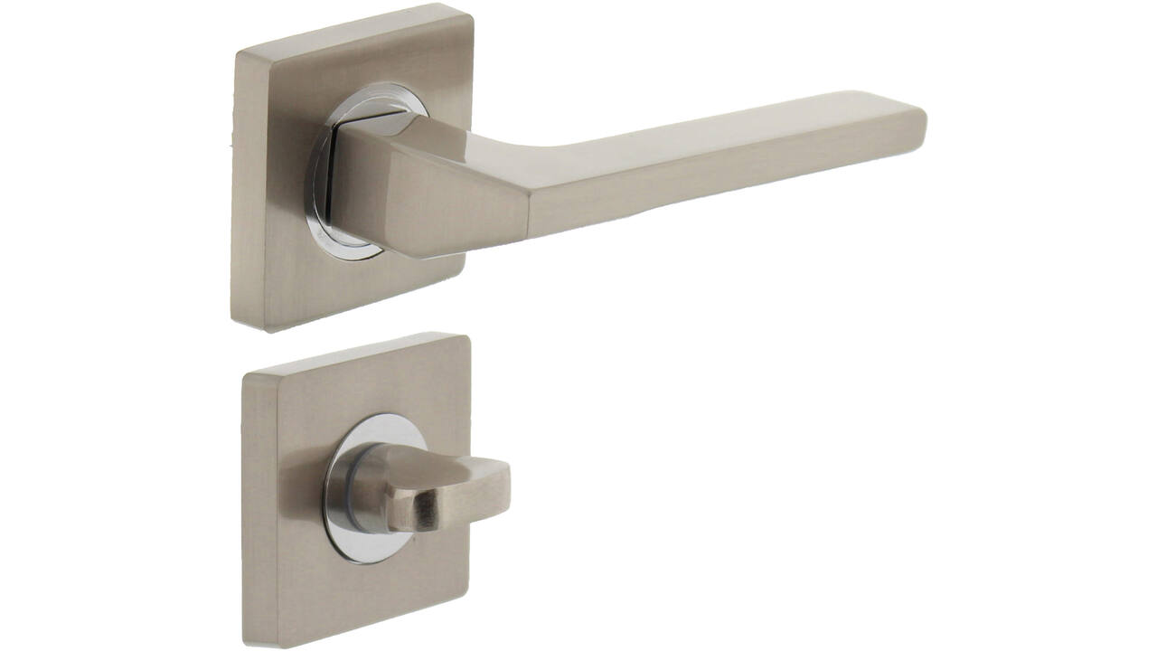 Deurkruk Ben op rozet verdekt 55x55x10mm met nokken en WC-sluiting met stift 8x8mm chroom/nikkel mat