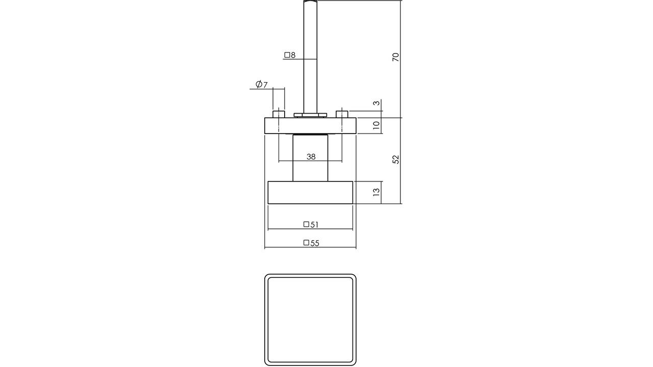 Knoprozet verdekt 55x55x10mm met nokken en vaste knop vierkant met wisselstift nikkel mat