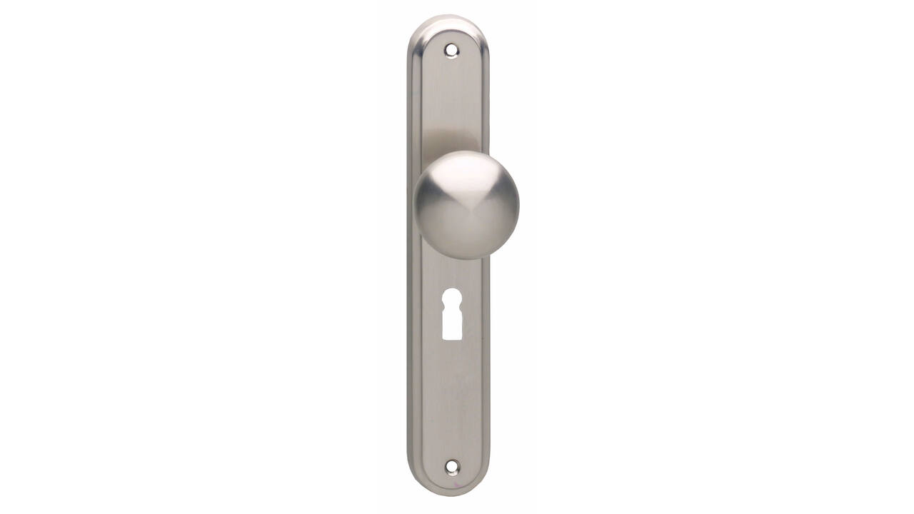 Knopschild ovaal 242x43x10mm met vaste knop paddenstoel en wisselstift sleutelgat 56mm nikkel mat