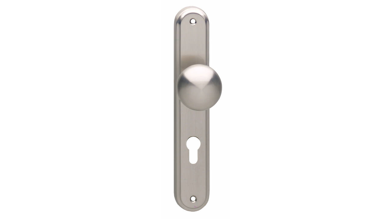 Knopschild ovaal 242x43x10mm met vaste knop paddenstoel en wisselstift profielcilindergat 72mm nikkel mat