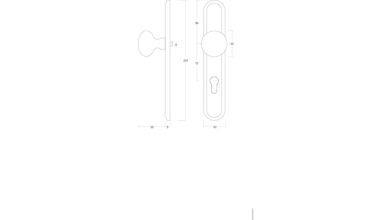 Knopschild ovaal 242x43x10mm met vaste knop paddenstoel en wisselstift profielcilindergat 72mm nikkel mat