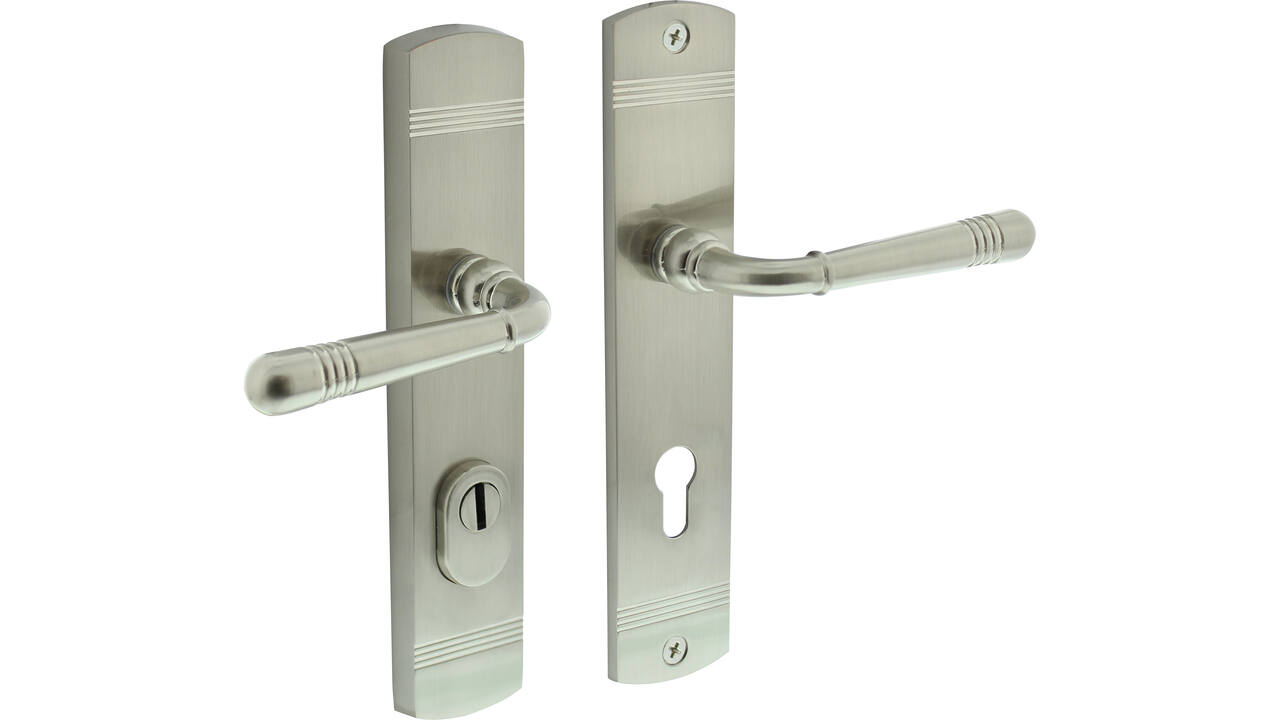 Achterdeurbeslag Helena 239x50mm kruk/kruk profielcilindergat 72mm met kerntrekbeveiliging nikkel mat