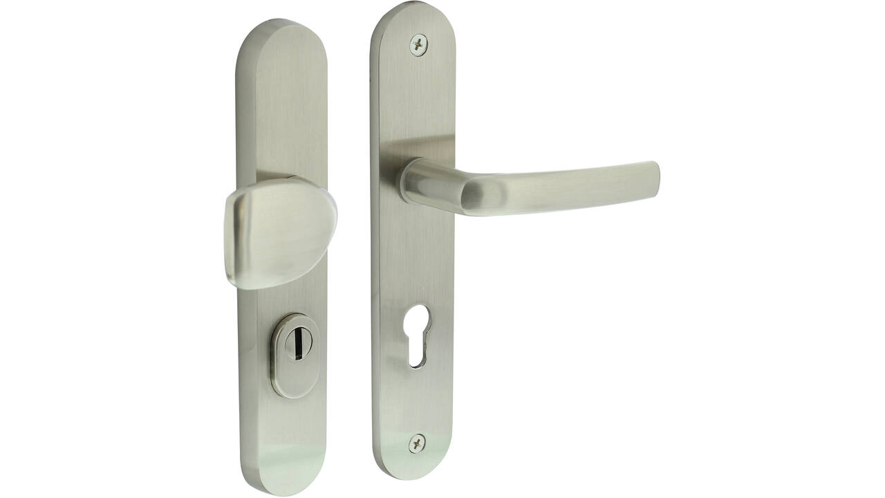Voordeurbeslag Ovaal 246x48mm greep/kruk profielcilindergat 72mm met kerntrekbeveiliging nikkel mat