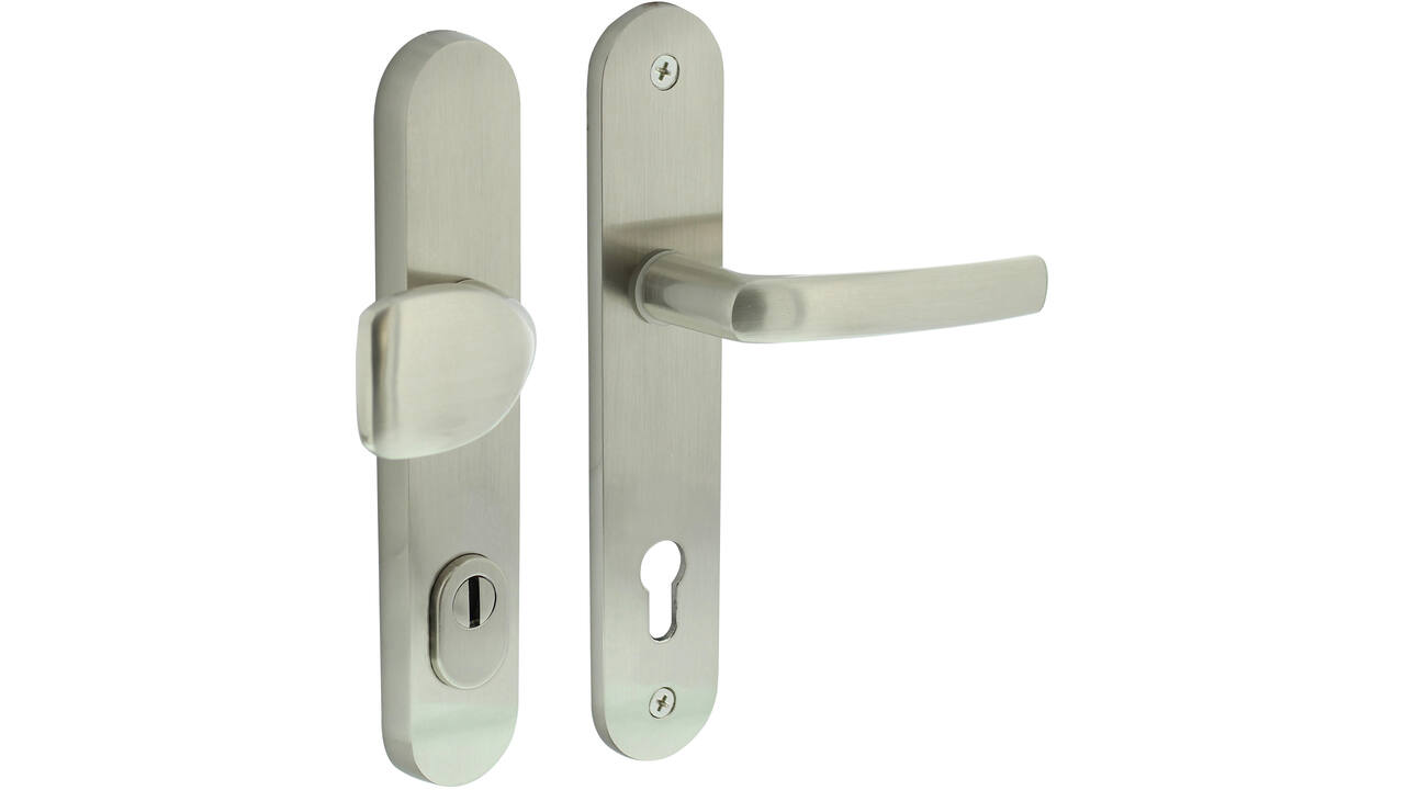 Voordeurbeslag Ovaal 246x48mm greep/kruk profielcilindergat 92mm met kerntrekbeveiliging nikkel mat