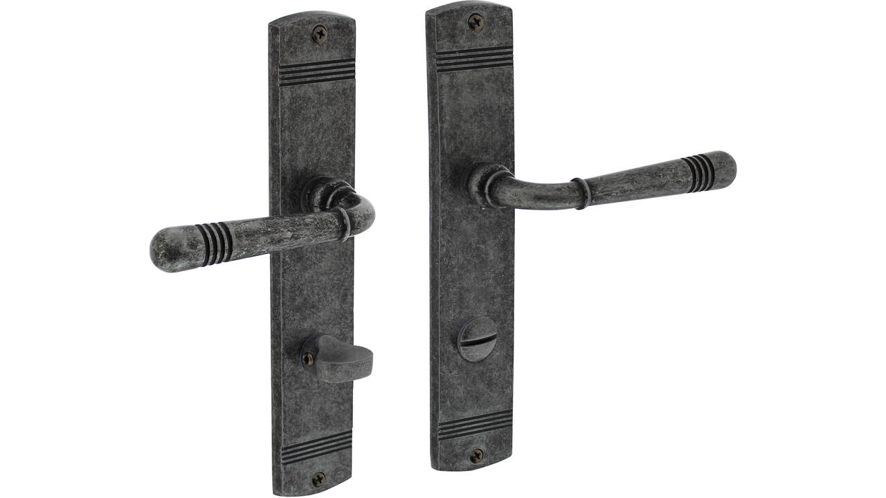 Deurkruk Helena op schild afgerond 235x45mm wc 78/8mm oud grijs