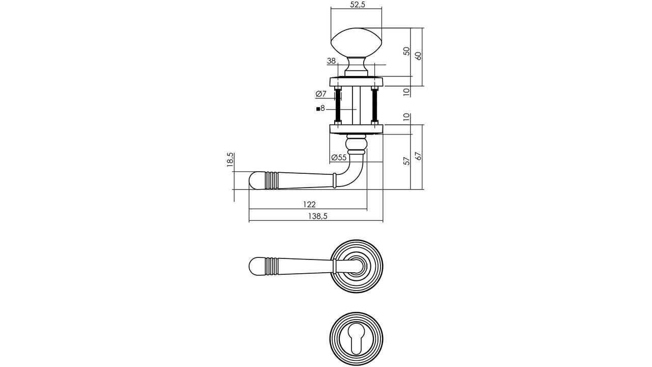 Knop/kruk garnituur links Helena op rozet verdekt met rillen ø55x10mm met nokken en cilinderrozetten oud grijs