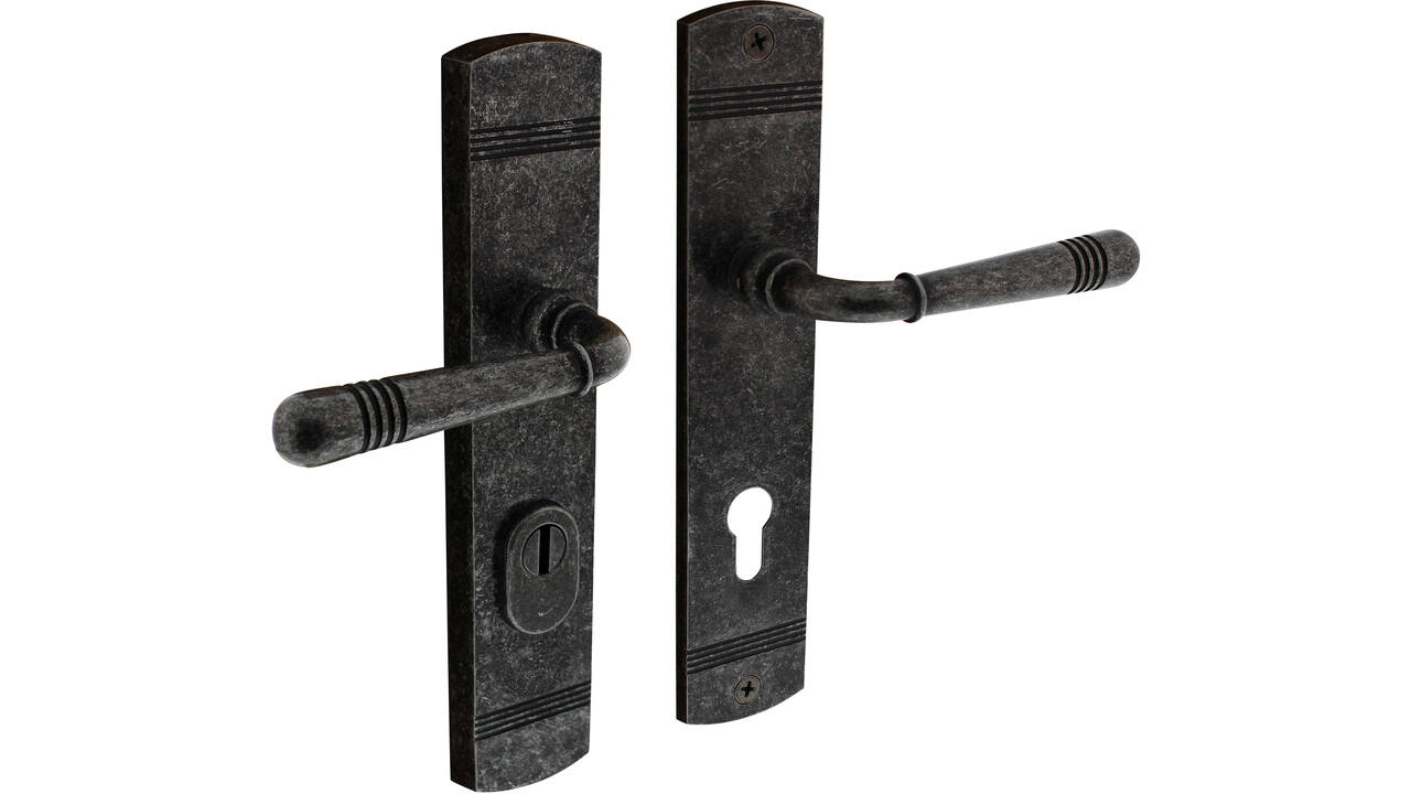 Achterdeurbeslag Helena 239x50mm kruk/kruk profielcilindergat 72mm met kerntrekbeveiliging oud grijs