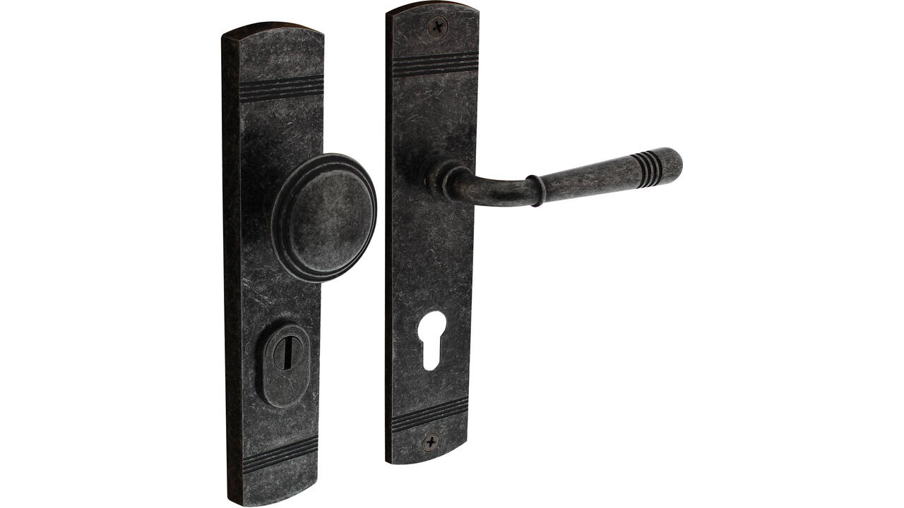 Voordeurbeslag Helena 239x50mm knop/kruk profielcilindergat 72mm met kerntrekbeveiliging oud grijs