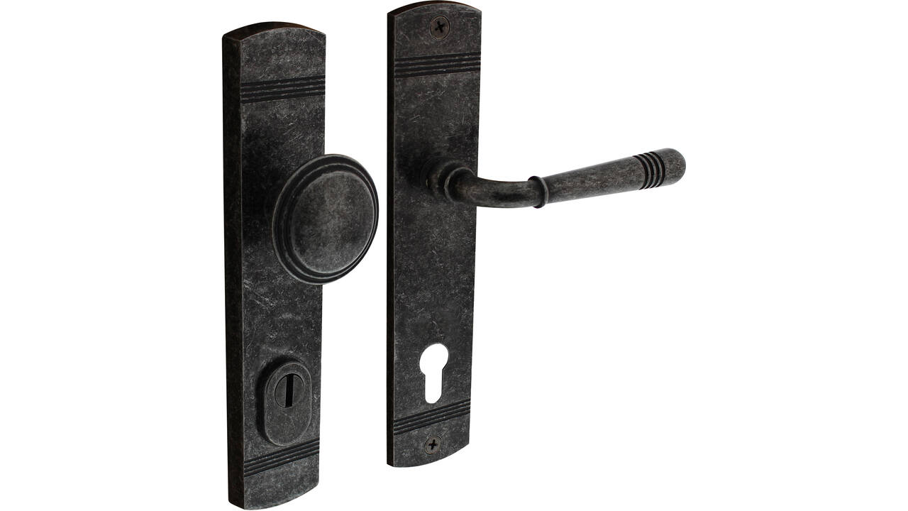 Voordeurbeslag Helena 239x50mm knop/kruk profielcilindergat 92mm met kerntrekbeveiliging oud grijs
