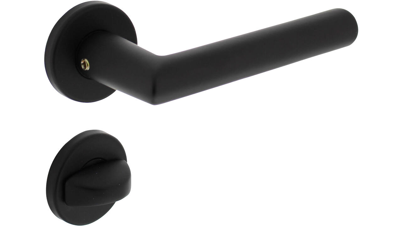 Deurkruk Broome met rozet verdekt ø50x7mm met nokken en WC-sluiting met stift 8x8mm zwart