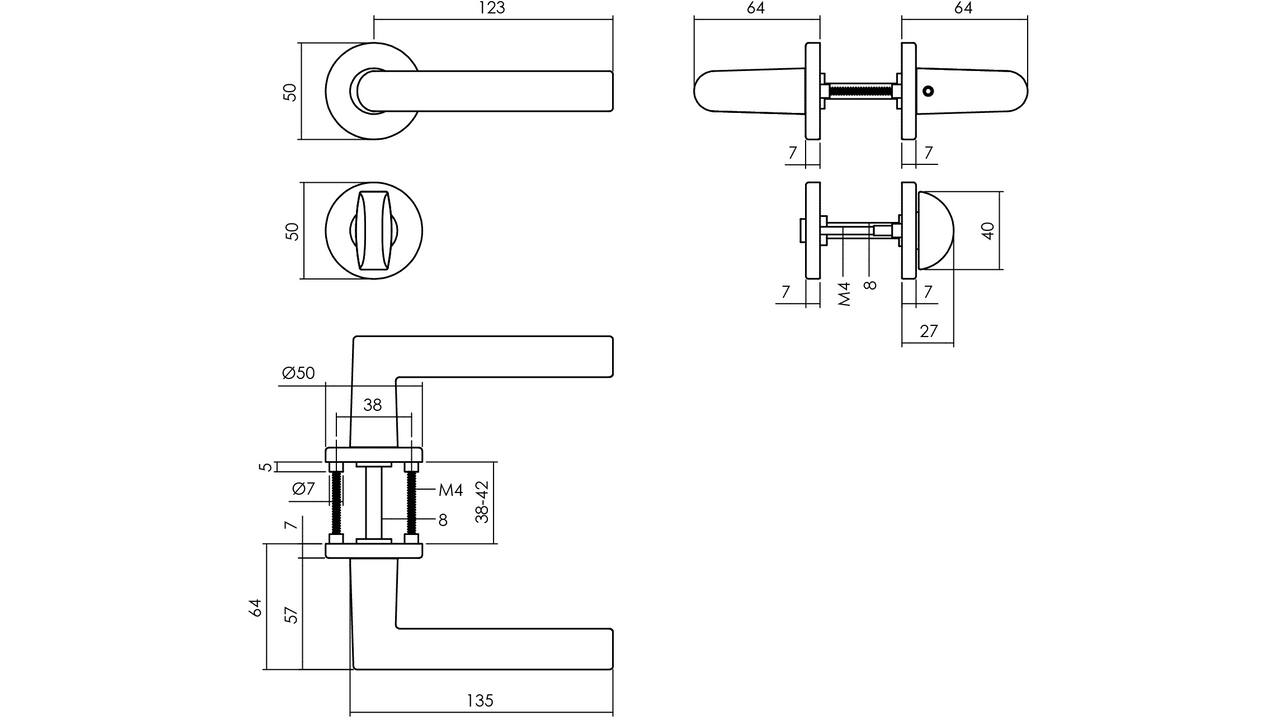 Deurkruk Broome met rozet verdekt ø50x7mm met nokken en WC-sluiting met stift 8x8mm zwart