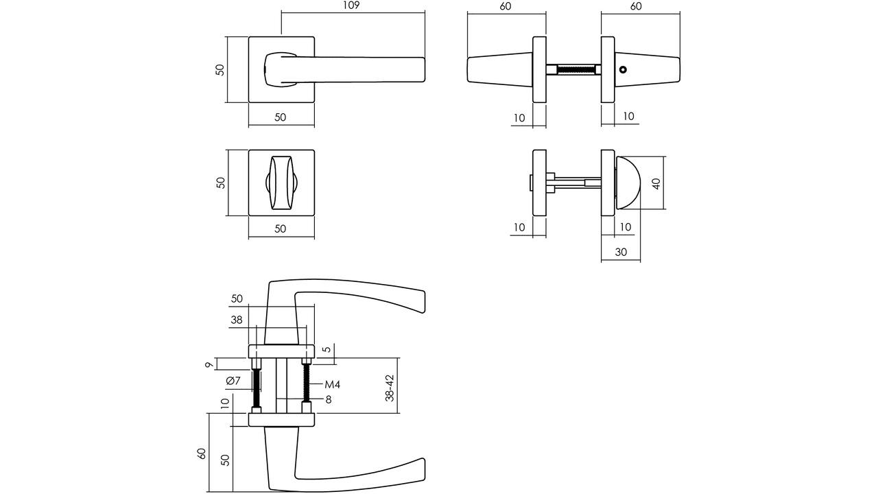 Deurkruk Moora met rozet verdekt 50x50x10mm met nokken en WC-sluiting met stift 8x8mm zwart