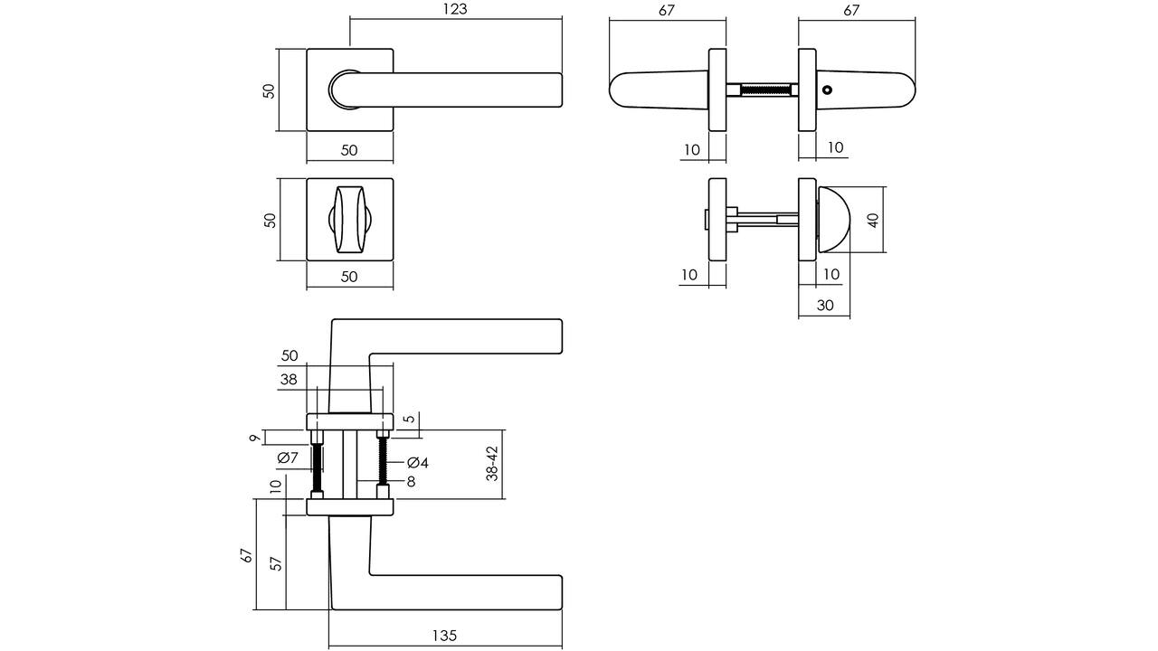 Deurkruk Broome met rozet verdekt 50x50x10mm met nokken en WC-sluiting met stift 8x8mm zwart