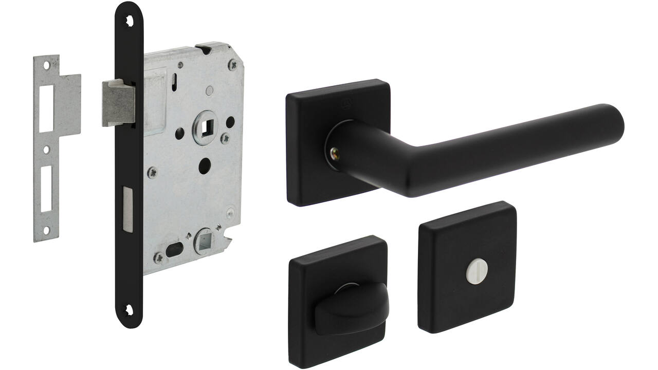 Set toiletslot 63/8mm zwart met deurkruk Broome op rozet 50x50mm en WC-sluiting zwart