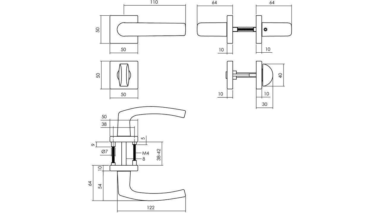 Deurkruk Denham met rozet verdekt 50x50x10mm met nokken en WC-sluiting met stift 8x8mm zwart