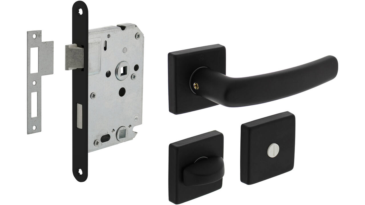 Set toiletslot 63/8mm zwart met deurkruk Denham op rozet 50x50mm en WC-sluiting zwart