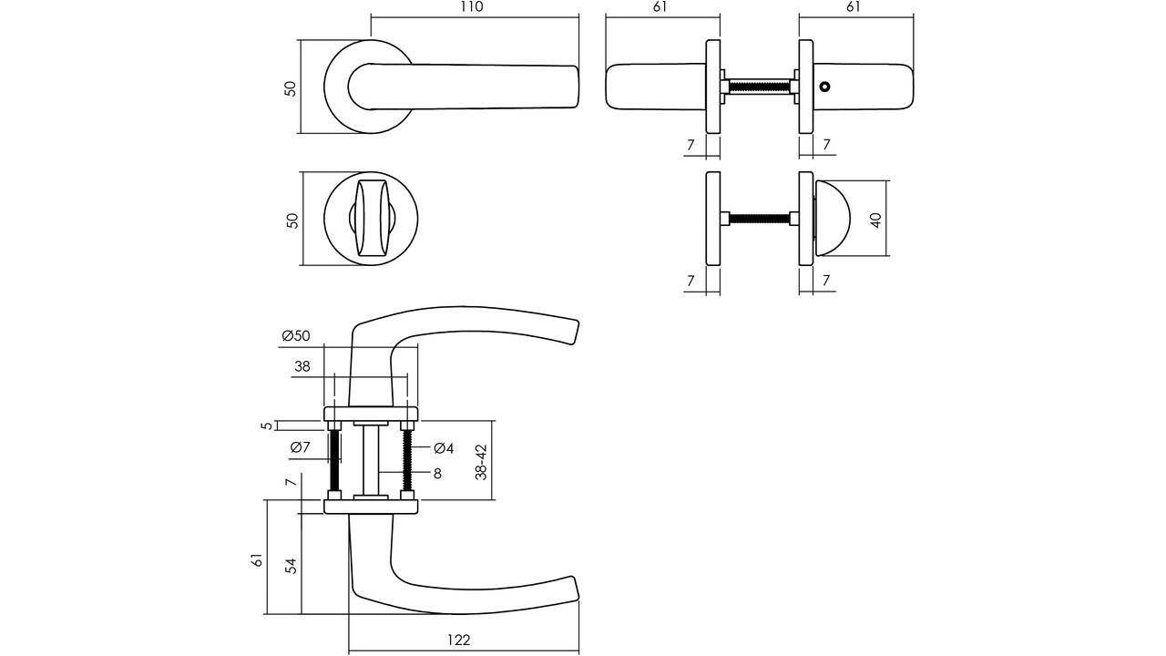 Deurkruk Denham met rozet verdekt ø50x7mm met nokken en WC-sluiting met stift 8x8mm zwart