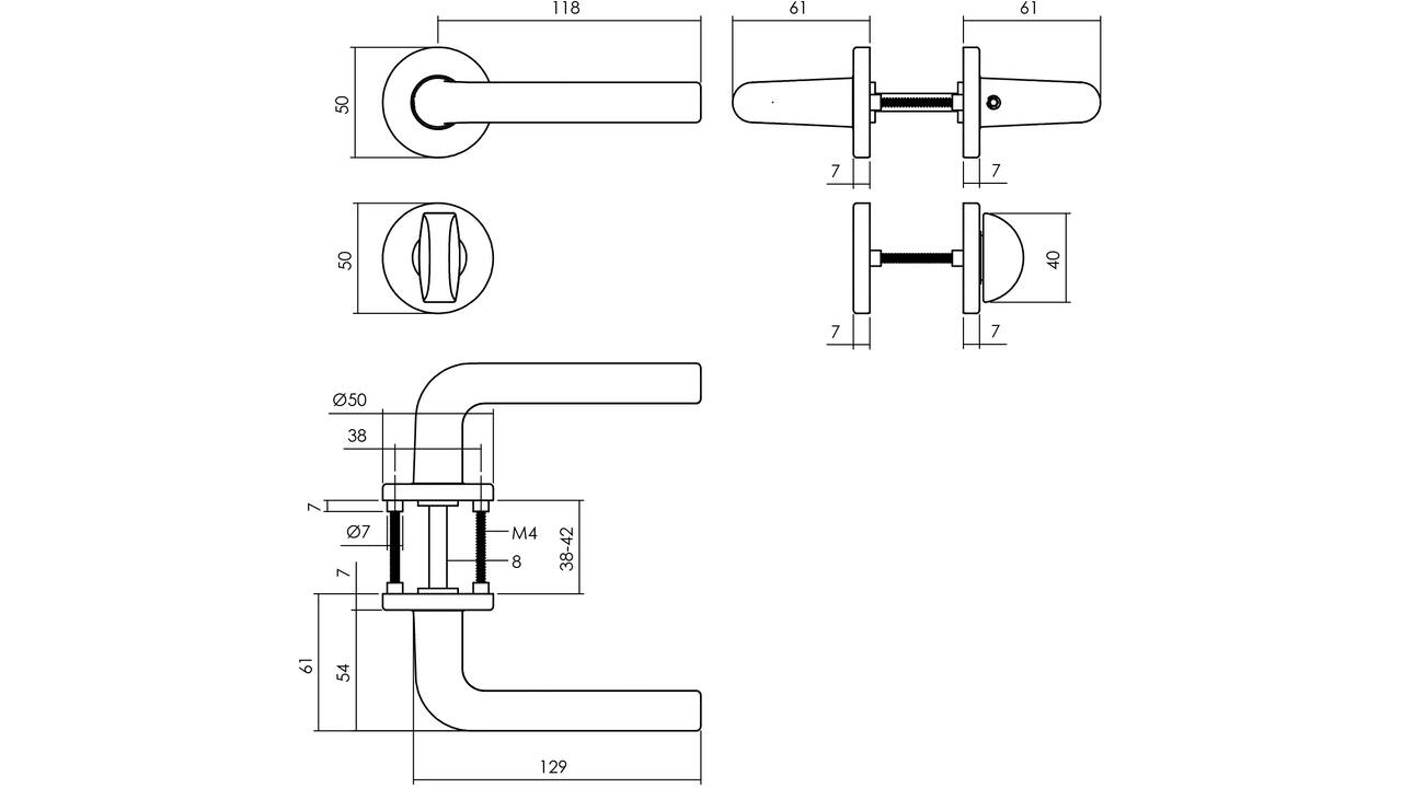 Deurkruk Derby met rozet verdekt ø50x7mm met nokken en WC-sluiting met stift 8x8mm zwart
