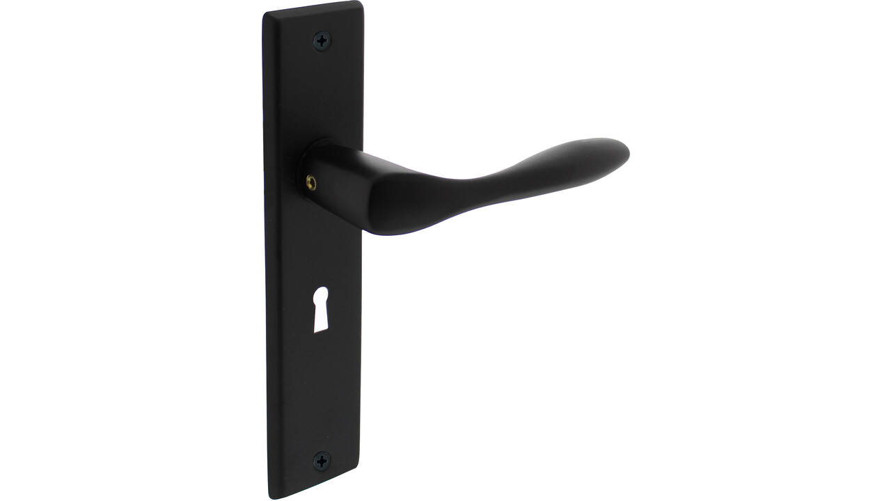 Deurkruk Banaan met schild rechthoekig 181x41mm sleutelgat 56mm zwart