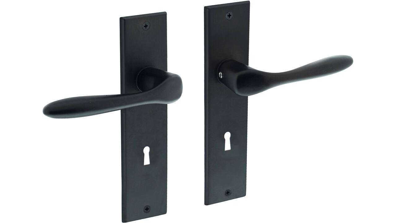 Deurkruk Banaan met schild rechthoekig 181x41mm sleutelgat 72mm zwart