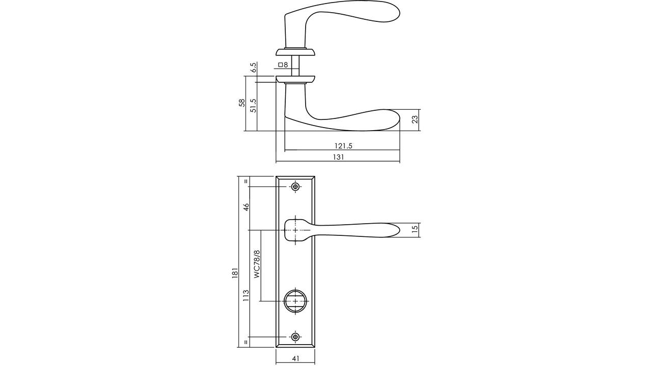 Deurkruk Banaan met schild rechthoekig 181x41mm wc 78/8mm zwart