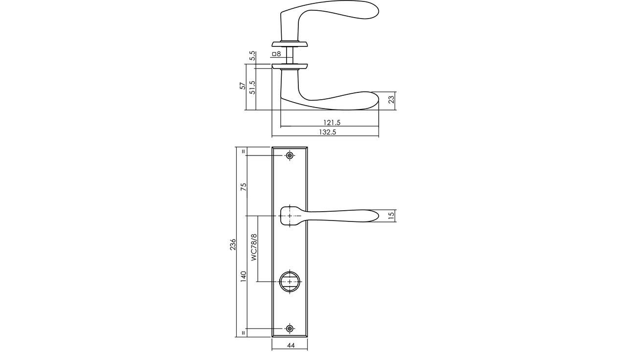 Deurkruk Banaan met schild rechthoekig 236x44mm wc 78/8mm zwart