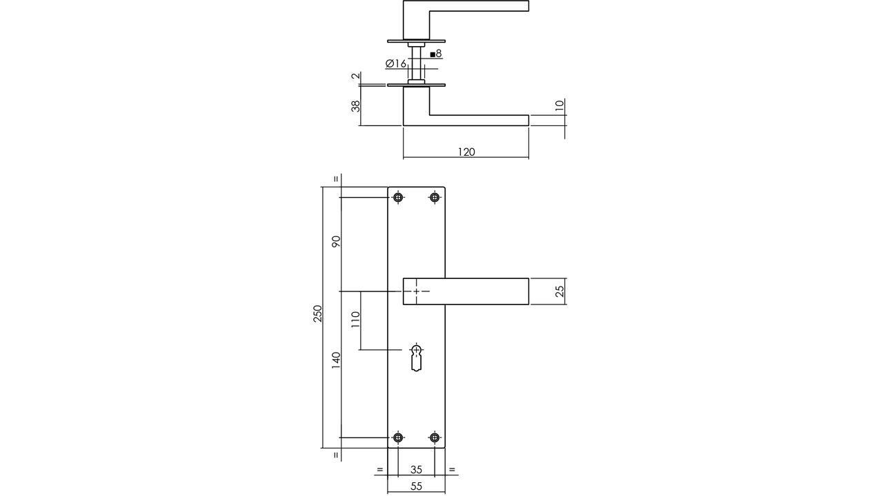 Deurkruk Amsterdam met schild rechthoekig 250x55x2mm sleutelgat 110mm structuur zwart