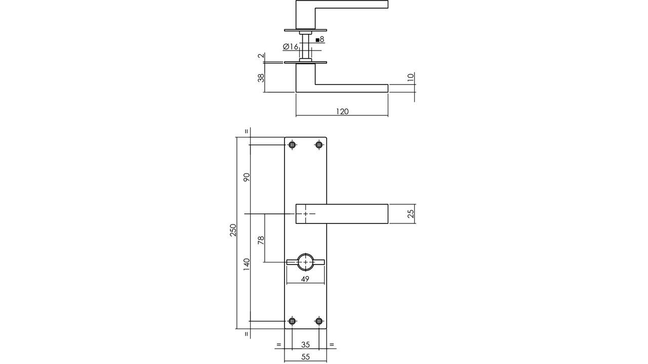 Deurkruk Amsterdam met schild rechthoekig 250x55x2mm wc 78/8mm structuur zwart