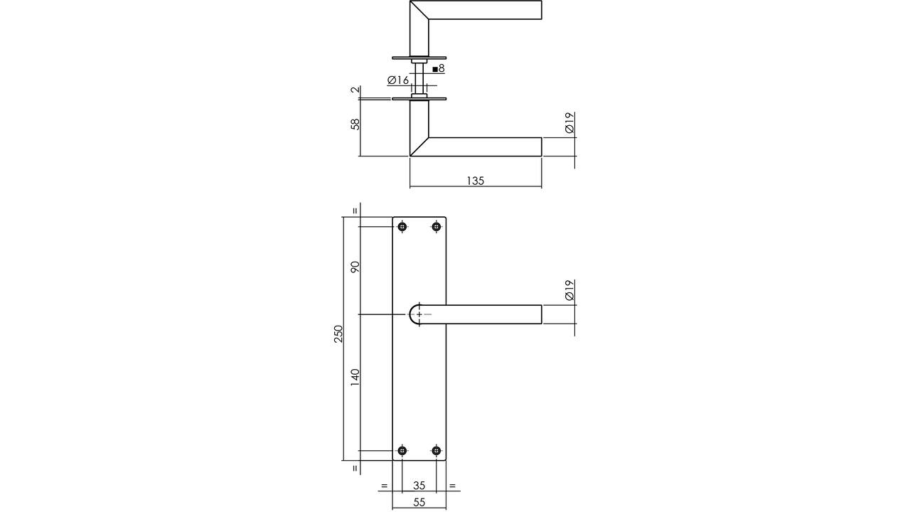 Deurkruk Jura met schild rechthoekig 250x55x2mm blind structuur zwart