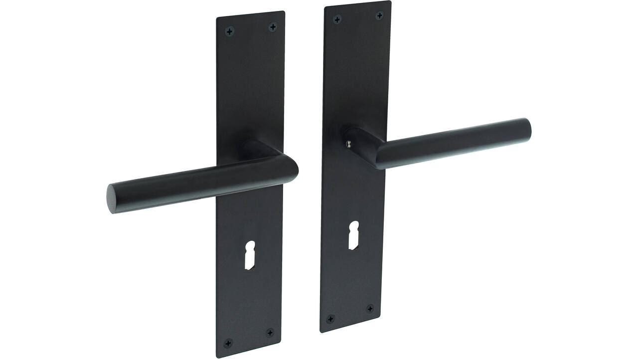 Deurkruk Jura met schild rechthoekig 250x55x2mm sleutelgat 72mm structuur zwart
